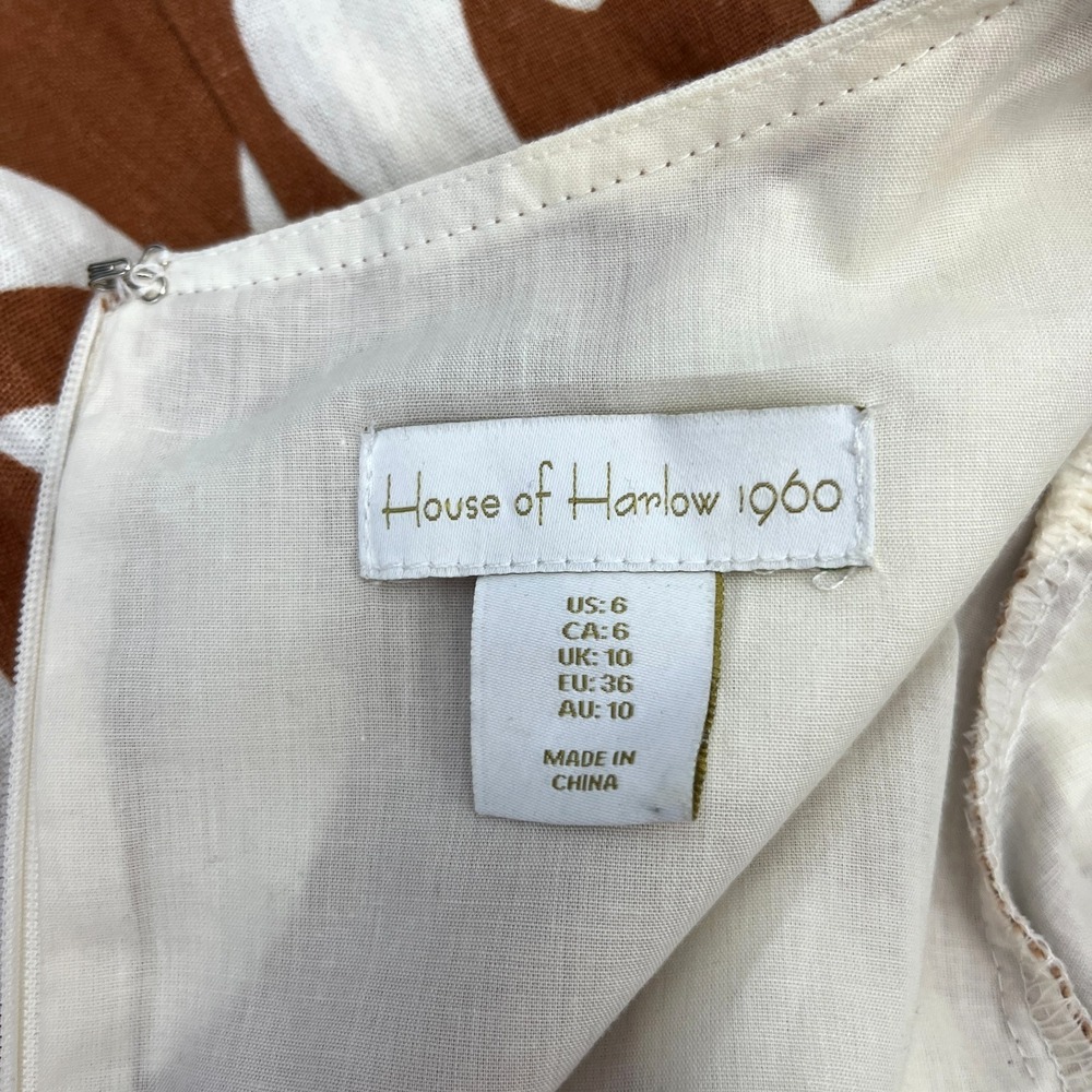 House of Harlow 1960 Mini Dress 6 Floral Brown Ivory Vacation Party Puff Sleeve - Picture 14 of 15